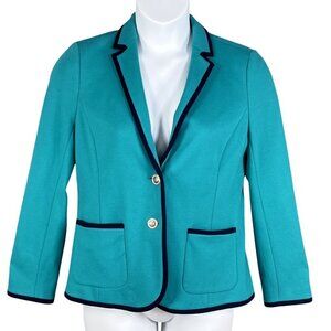 Talbots Aberdeen Womens 10 Teal Blazer Navy Trim Gold Crest Buttons Yacht Jacket